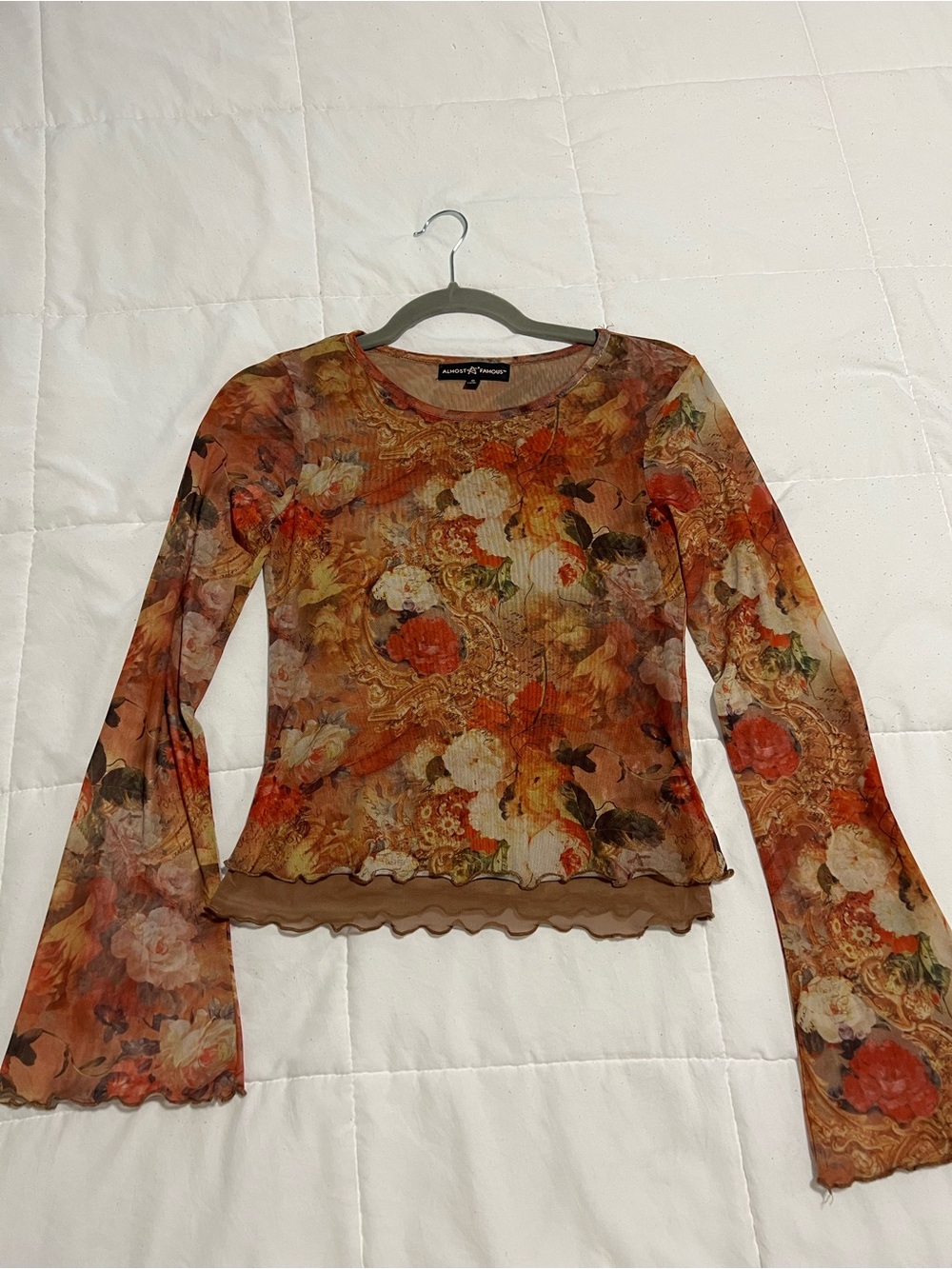 Almost Famous Autumn Floral Mesh Long-Sleeve Top in Brown and Orange